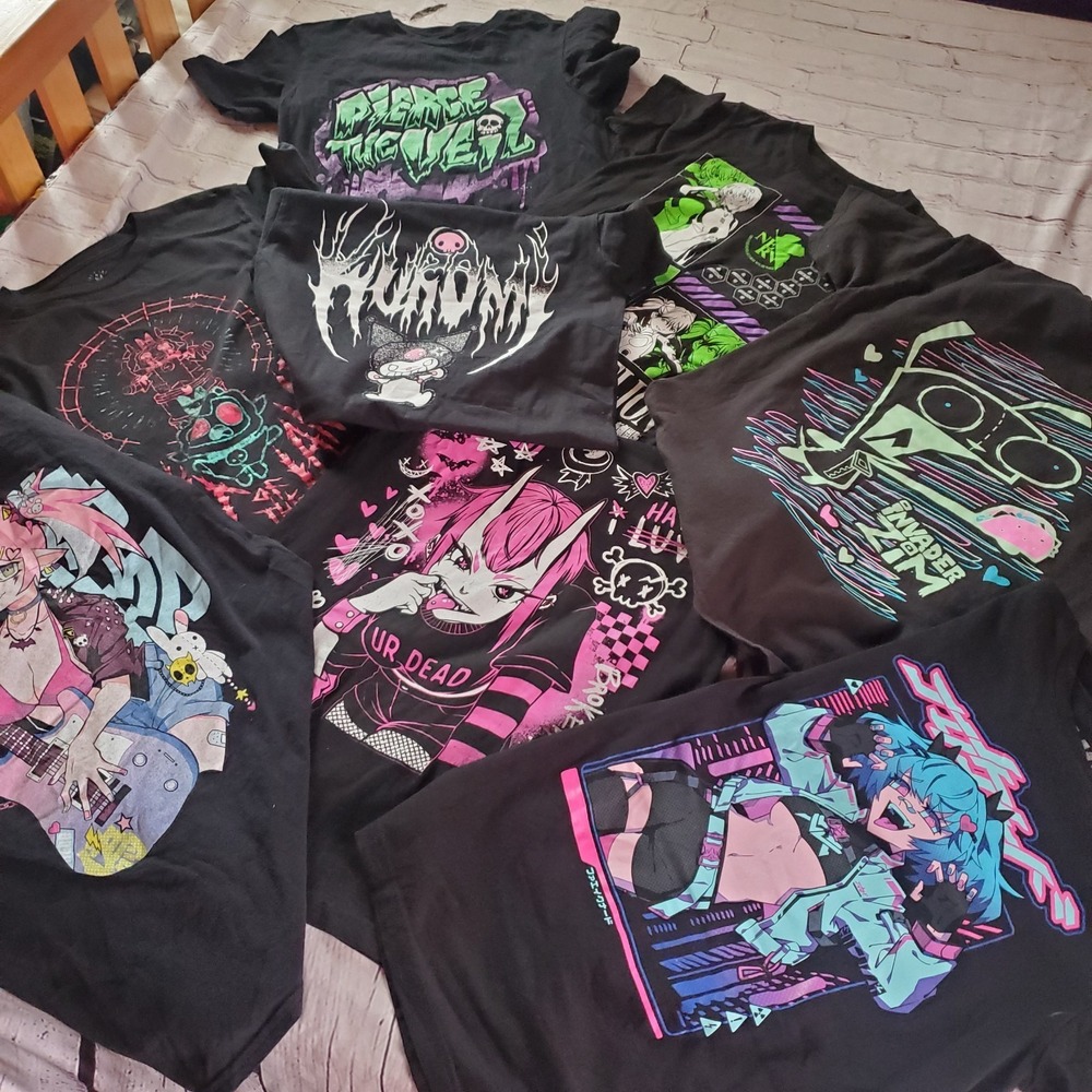 Lot of 8 Women's Graphic T-Shirts Size Small Anime Goth Y2K Alt Punk Tees Black